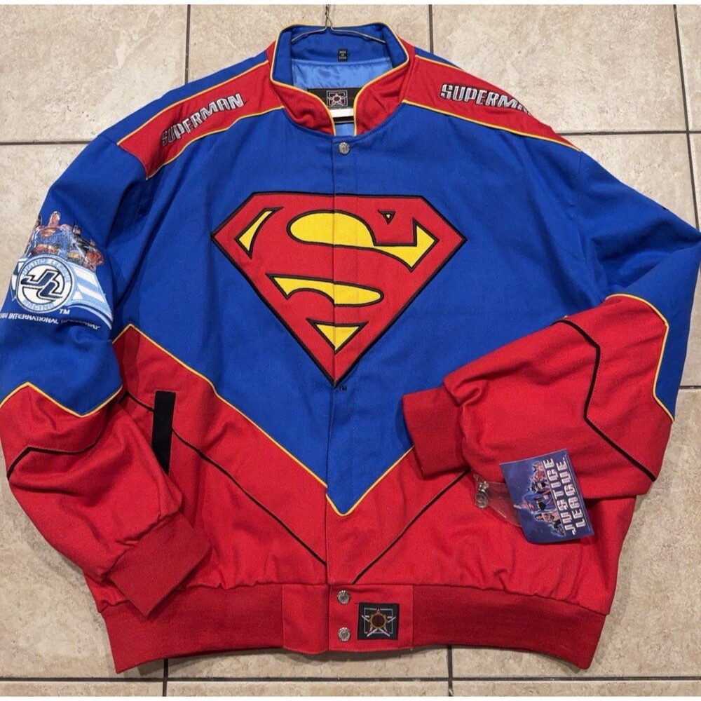 Vintage Superman Jacket Mens 3XL Blue Justice League Racing JH Design 2000s tags